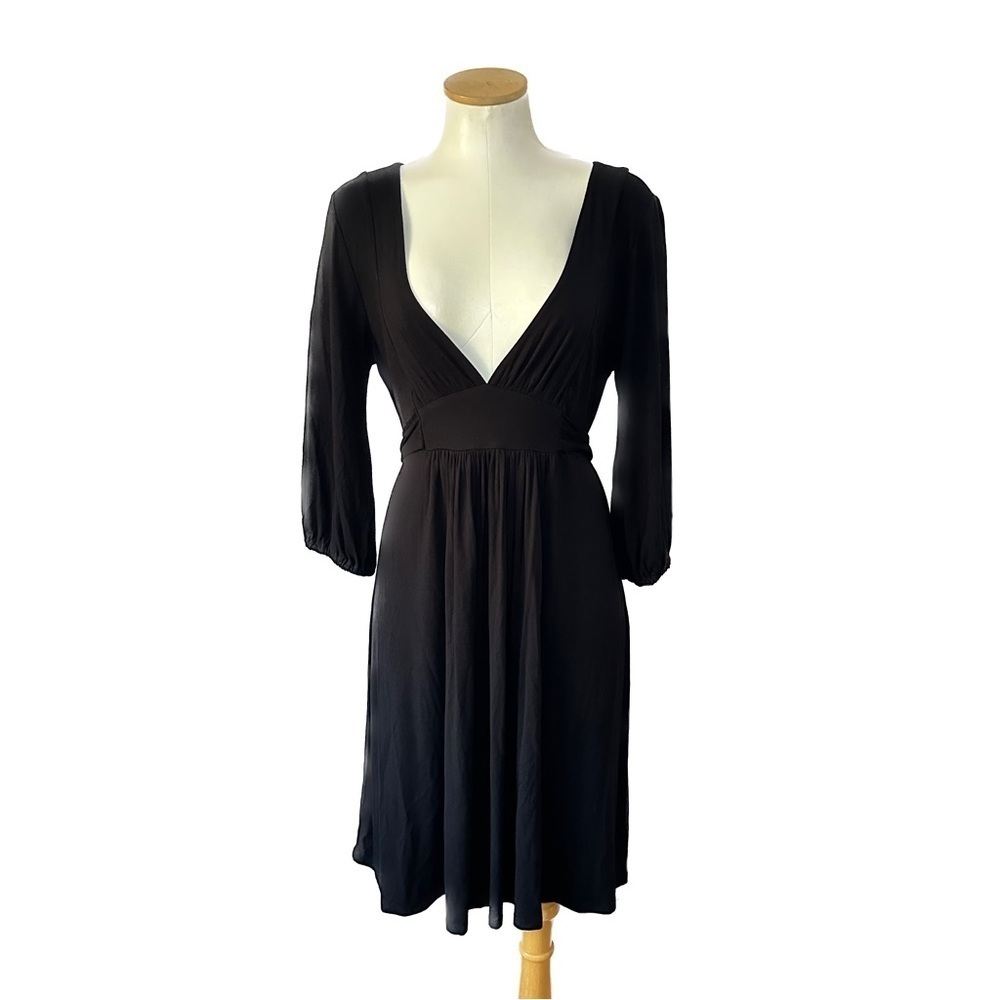 Fossil Pleated Fit Flare Deep V Neck Black Midi Dress Waist Tie 3/4 Sleeve M